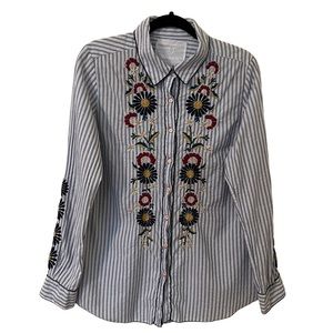 Johnny Was 3J Workshop Size Medium Boho Embroidered Floral Striped Button Up Top